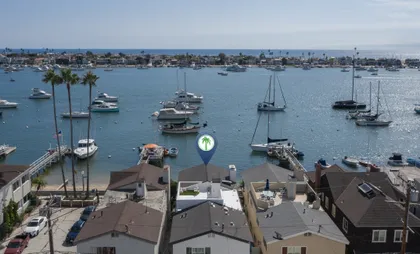 Elevated views over Newport Harbor and the Balboa waterfront from above