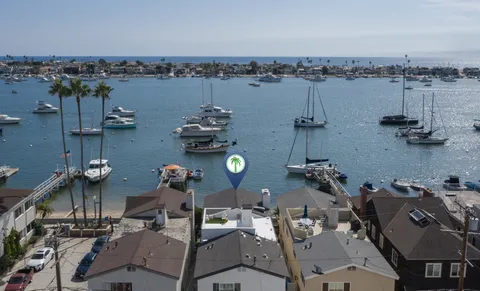 Elevated views over Newport Harbor and the Balboa waterfront from above