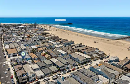 Aerial view highlighting your prime location just steps from the sand along Newport Beach’s iconic coastline