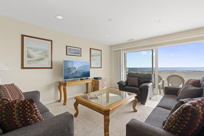 The main living area includes a sofa set with queen pullout sofa bed and cable TV