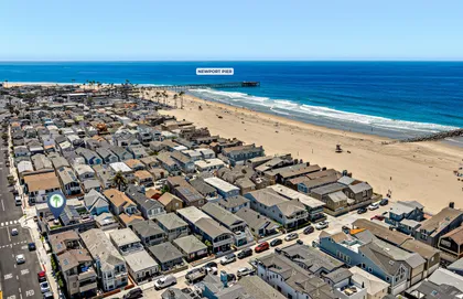 Aerial view highlighting your prime location just steps from the sand along Newport Beach’s iconic coastline