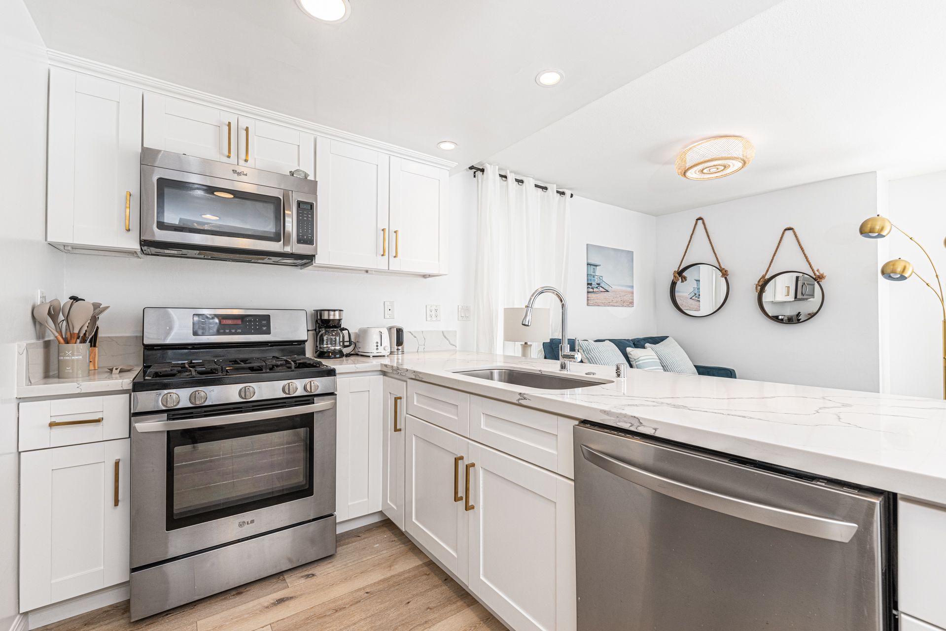 The kitchen comes stocked with all meal prep gear. Guests must provide their own food, drink, spices, and condiments.