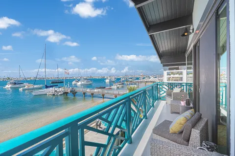 Elevated views over Newport Harbor and the Balboa waterfront from above