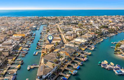 Aerial view of the property, located on a small quiet canal in the Newport Harbor.